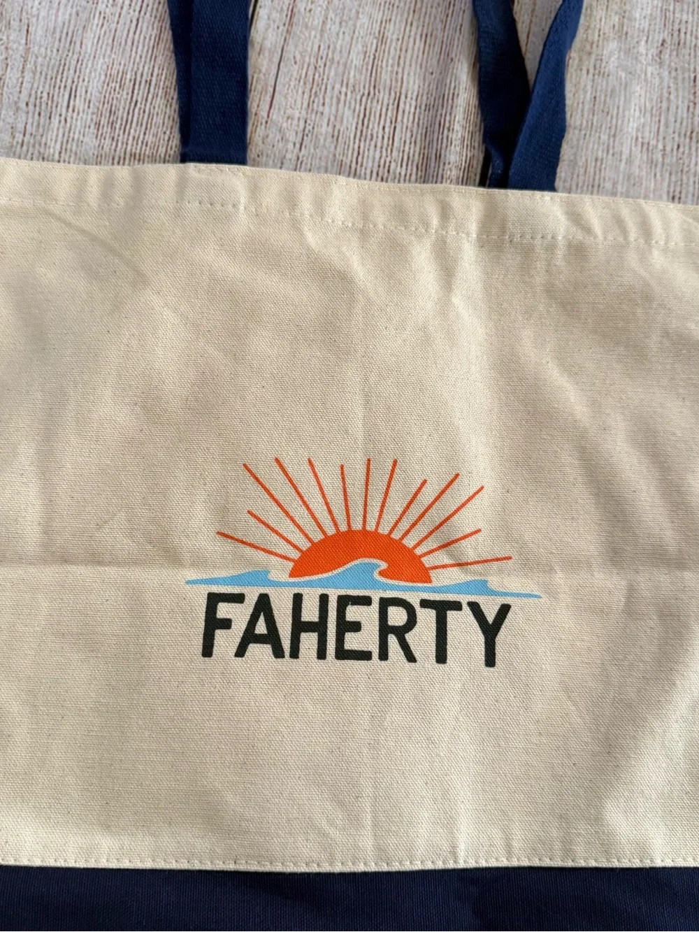 Faherty canvas reusable tote beige navy logo graphic 15.5 in x 14.5 in